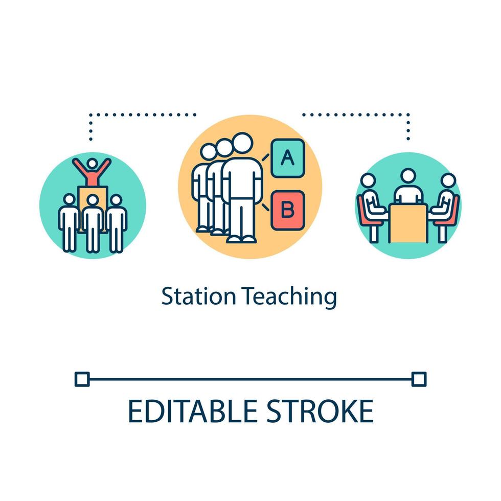 Station teaching concept icon. Learning in groups. Tutors cooperation. Co-teaching. Inclusive education idea thin line illustration. Vector isolated outline RGB color drawing. Editable stroke