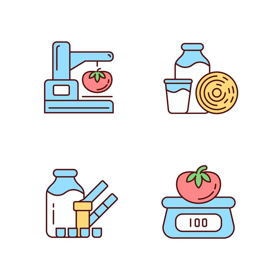 Food physical property test RGB color icons set. Visual appearance evaluation. Weighing and measuring. Isolated vector illustrations. Simple filled line drawings collection. Editable stroke