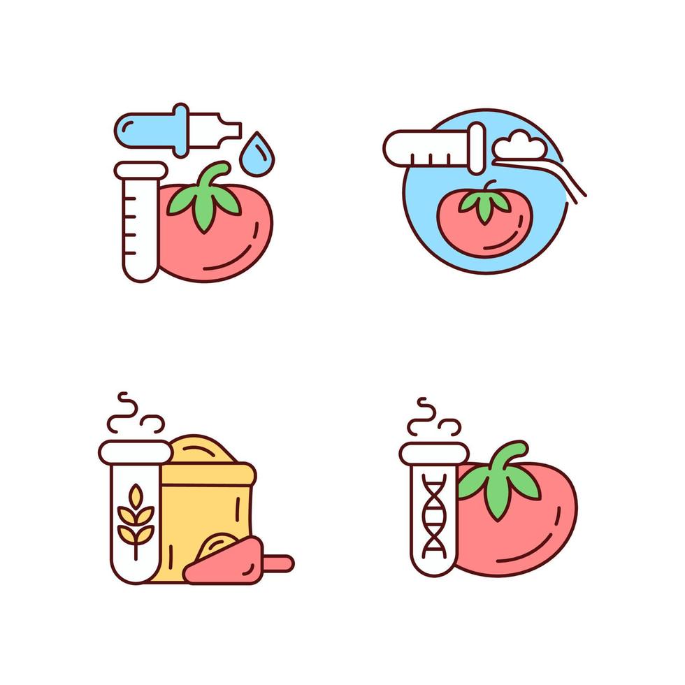 Artificial food additives RGB color icons set. Modified organic products. Nutrition sampling and analysis. Isolated vector illustrations. Simple filled line drawings collection. Editable stroke