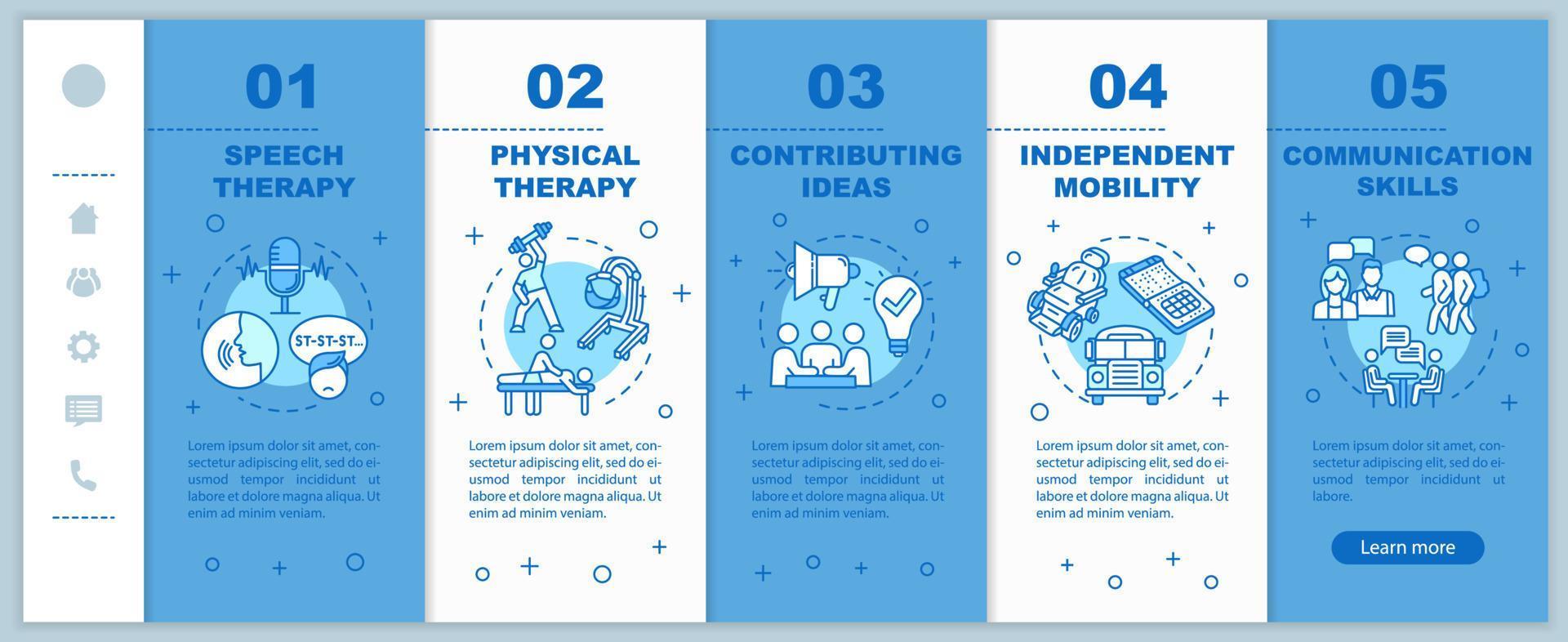 plantilla de vector de incorporación de educación inclusiva. terapia física y del habla. habilidades de comunicación. sitio web móvil receptivo con iconos. pantallas de pasos del tutorial de la página web. concepto de color rgb