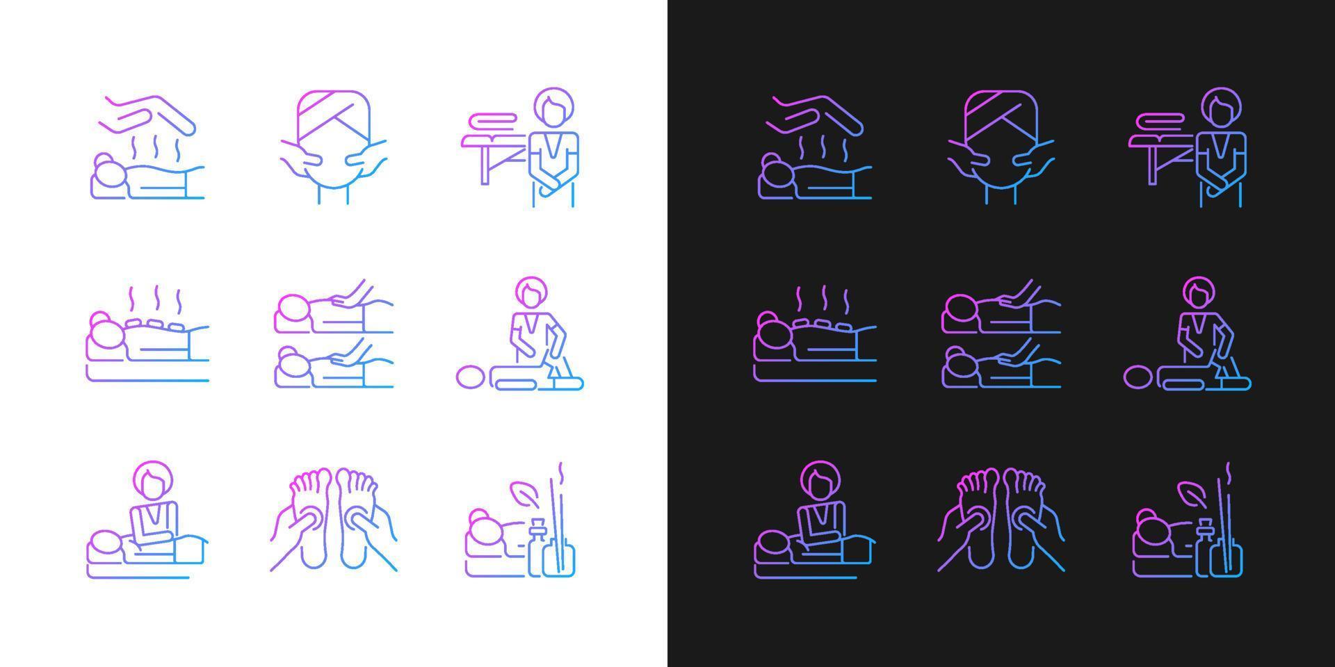 Spa treatments gradient icons set for dark and light mode. Reiki session. Face massage. Thin line contour symbols bundle. Isolated vector outline illustrations collection on black and white