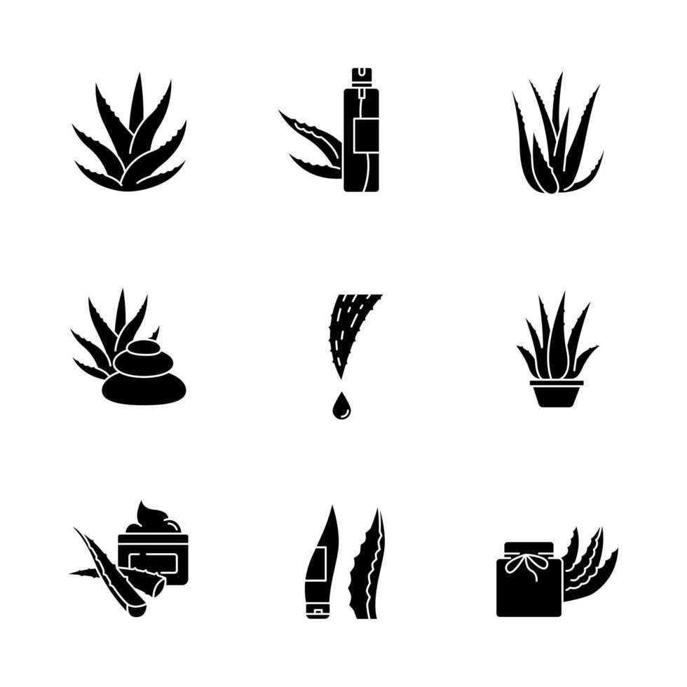 Aloe vera black glyph icons set on white space. Organic cosmetic. Spa treatment with medicinal herbs. Plant sprouts. Potted houseplant. Cream, wax. Silhouette symbols. Vector isolated illustration