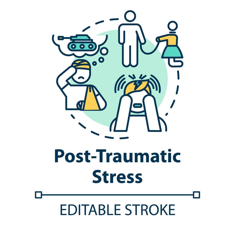 Post traumatic stress concept icon. PTSD. Horrifying memories. Mental illness. Psychology, psychiatry idea thin line illustration. Vector isolated outline RGB color drawing. Editable stroke