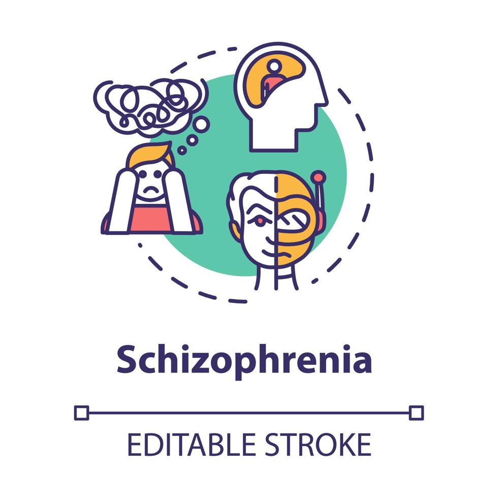 Schizophrenia concept icon. Psychosis with hallucinations. Insanity. Schizophrenic disorder. Mental illness idea thin line illustration. Vector isolated outline RGB color drawing. Editable stroke