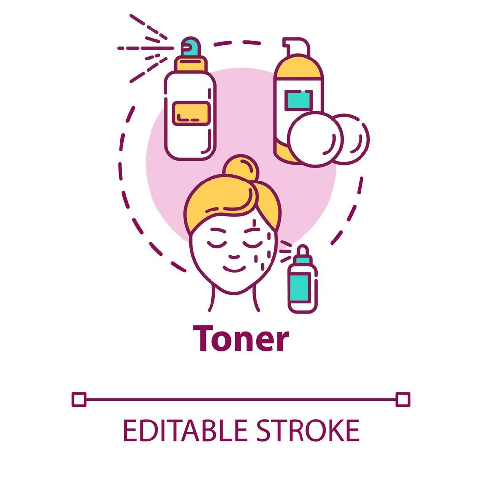 tóner, icono del concepto de cuidado facial. limpieza y tonificación de la piel, loción y spray, ilustración de línea fina de idea de procedimiento cosmético. vector contorno aislado dibujo a color rgb. trazo editable