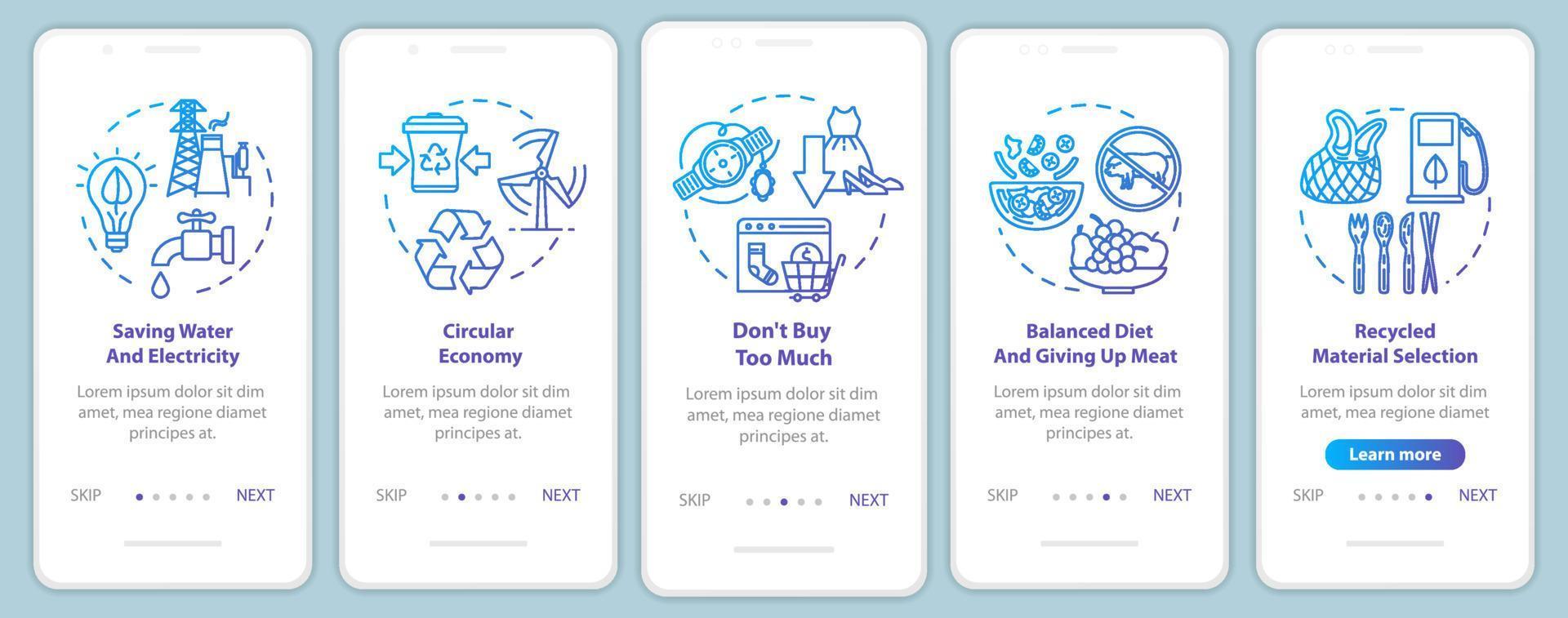 Responsible consumption onboarding mobile app page screen with concepts. Recycle, ecology. Consumerism walkthrough 5 steps graphic instructions. UI vector template with RGB color illustrations