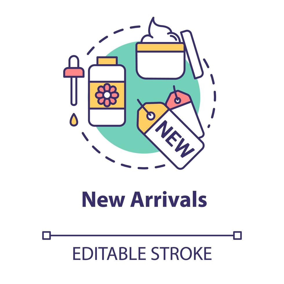 New arrivals, cosmetic products announcement concept icon. Commerce, trade, advertising campaign idea thin line illustration. Vector isolated outline RGB color drawing. Editable stroke
