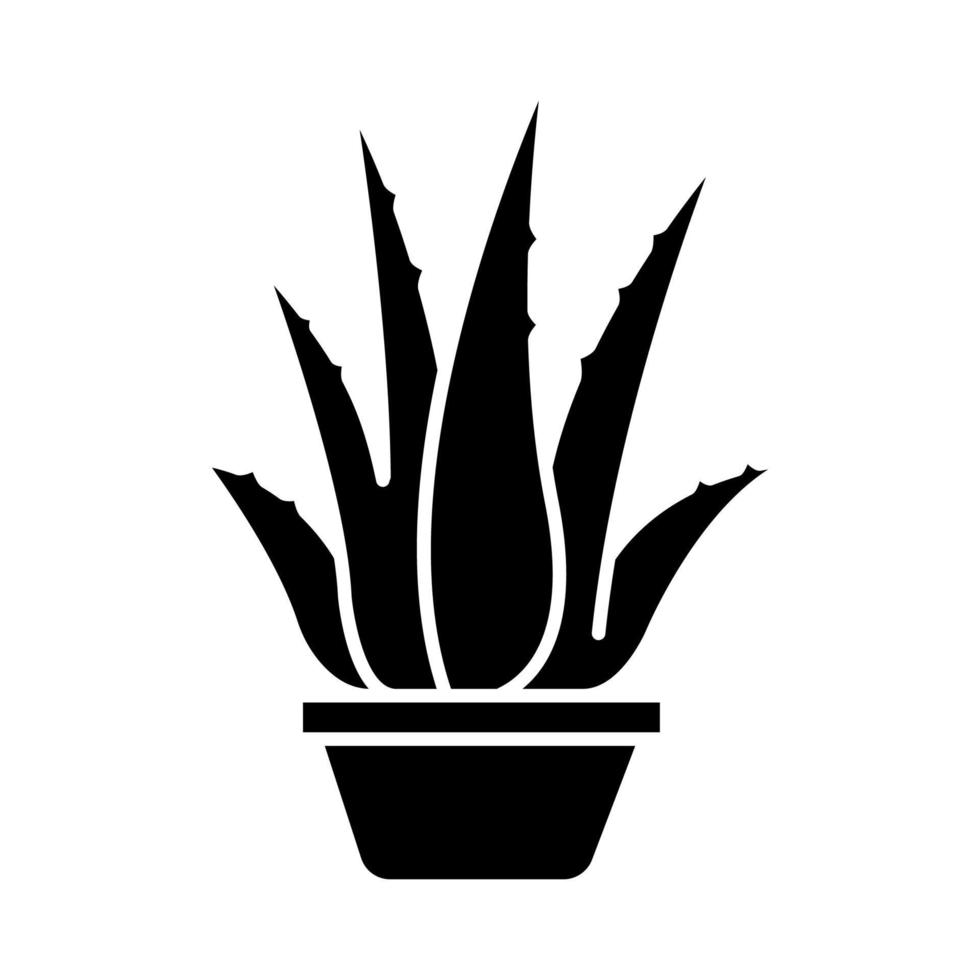 Houseplant black glyph icon. Potted aloe vera. Cactus sprouts and succulent leaves. Medicinal herb. Decorative plant. Cultivation. Silhouette symbol on white space. Vector isolated illustration