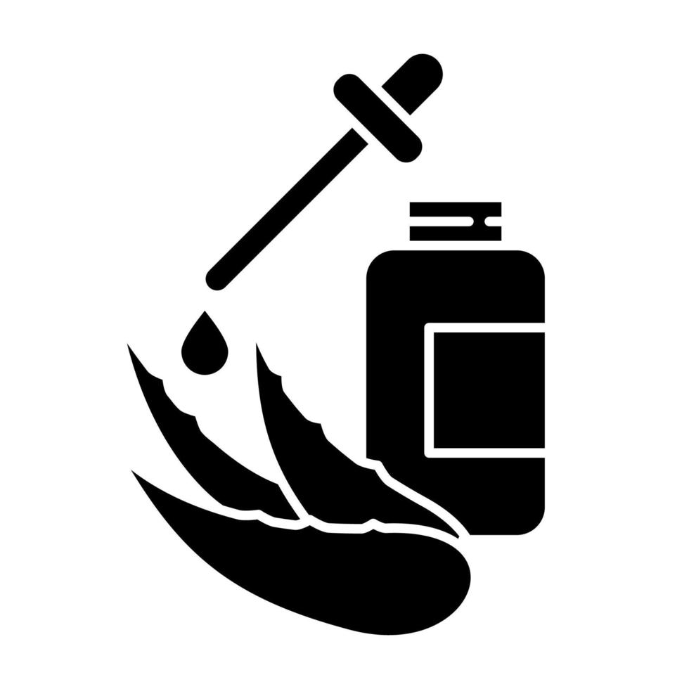 icono de glifo negro de extracto de aloe vera. líquido a base de plantas. jugo botánico curativo. hierbas medicinales. cosmético exfoliante con colágeno. símbolo de silueta en el espacio en blanco. vector ilustración aislada