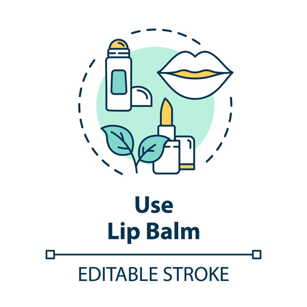 use bálsamo labial, icono del concepto de cuidado de la piel. protección de la piel e hidratación, idea de prevención de labios agrietados ilustración de línea delgada. vector contorno aislado dibujo a color rgb. trazo editable