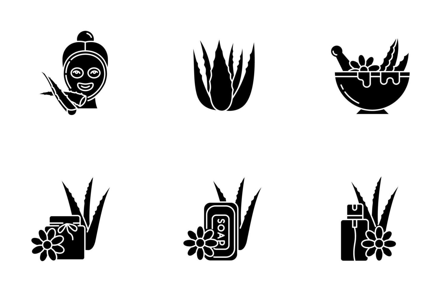 Aloe vera black glyph icons set on white space. Facial mask. Spa treatment. Medicinal herbs for dermatology. Cosmetic spray, plant based soap. Silhouette symbols. Vector isolated illustration