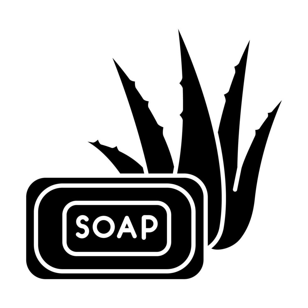 Aloe vera soap black glyph icon. Organic bathing product. Natural cosmetic for hygiene. Plant based product. Cleansing treatment. Silhouette symbol on white space. Vector isolated illustration