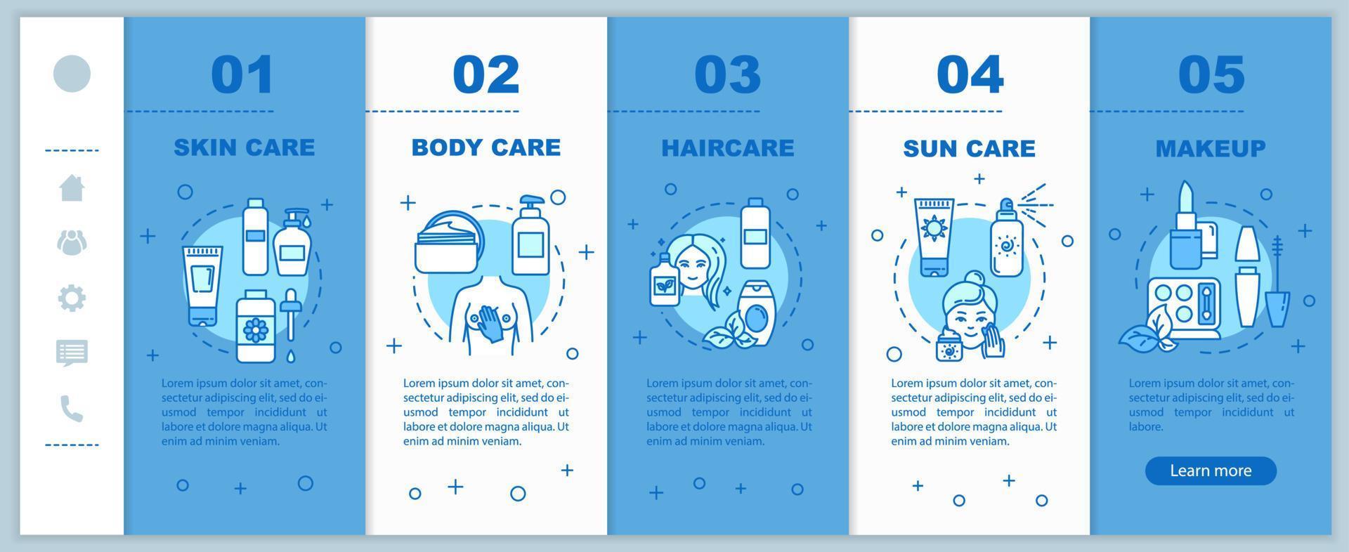 Skincare onboarding vector template. Body and hair care. Suncare, makeup. Cosmetic products. Responsive mobile website with icons. Webpage walkthrough step screens. RGB color concept