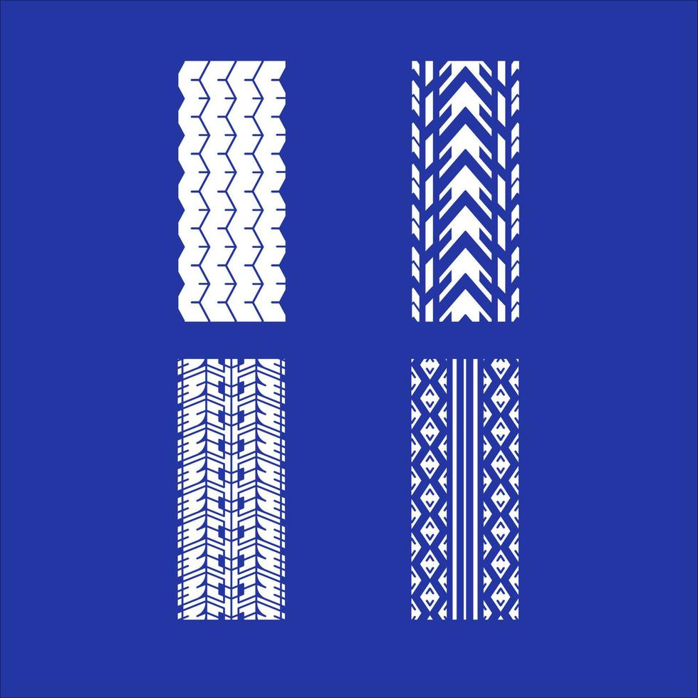 Track prints RGB white icons set. Detailed automobile, motorcycle, bike tyre marks. Car summer and winter wheel trace. Vehicle tire trail. Isolated vector illustrations on blue background