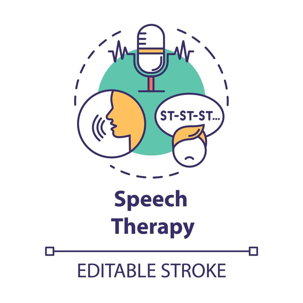 Speech therapy concept icon. Asperger disorder. Exercise for stuttering. Psychological aid. Pediatric help idea thin line illustration. Vector isolated outline RGB color drawing. Editable stroke