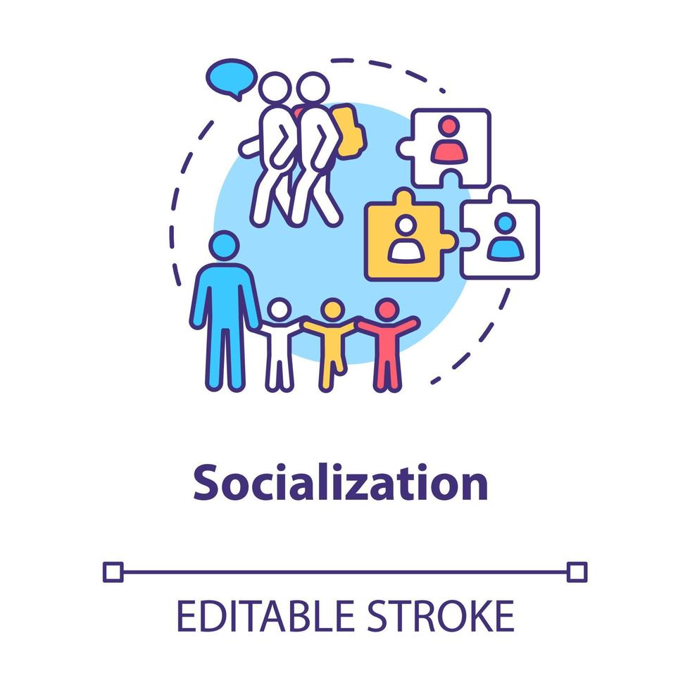 Socialization concept icon. Diversity in school group. Inclusive education. Social adaptation. Communication idea thin line illustration. Vector isolated outline RGB color drawing. Editable stroke