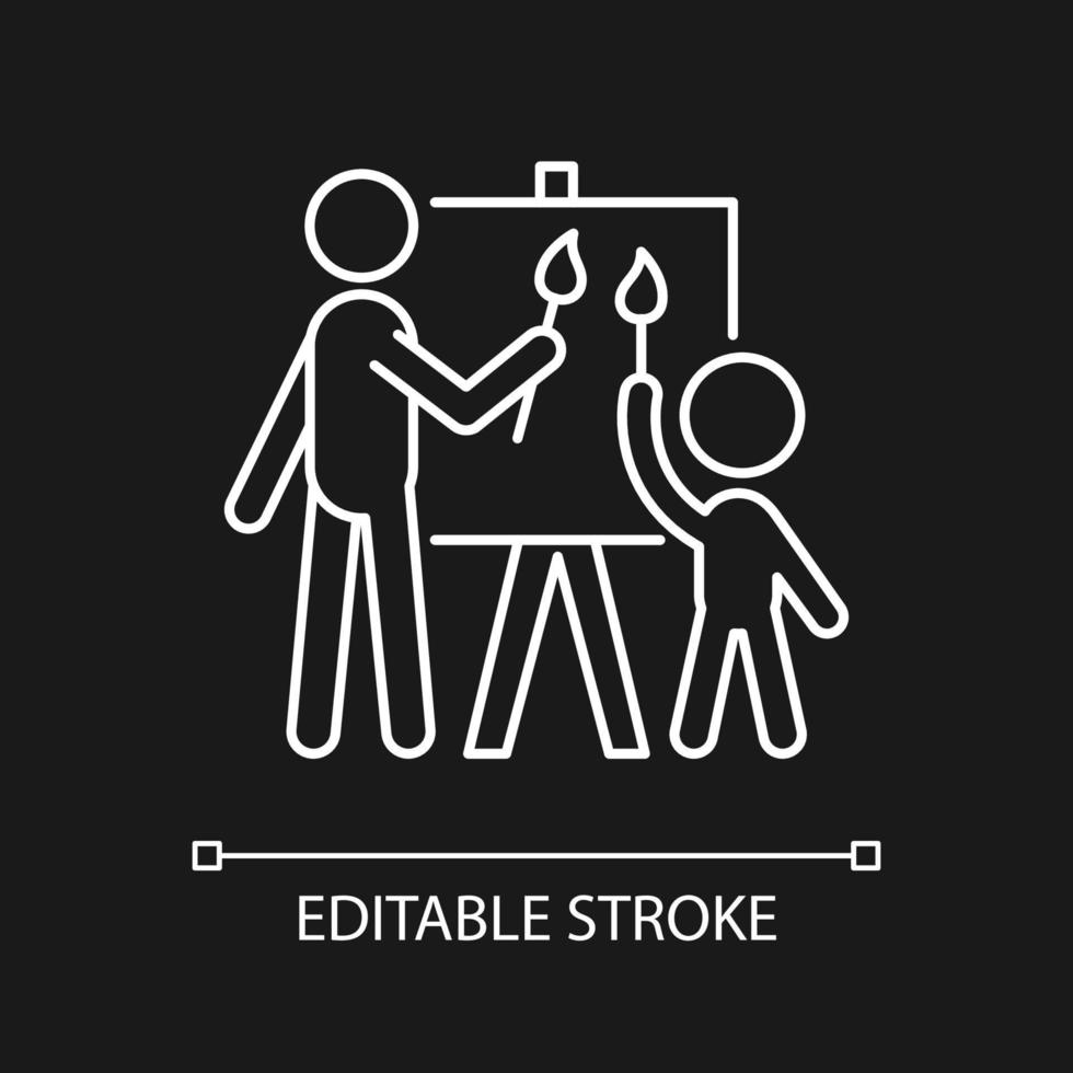 Painting with parent white linear icon for dark theme. Develop kid creativity. Art therapy. Thin line customizable illustration. Isolated vector contour symbol for night mode. Editable stroke