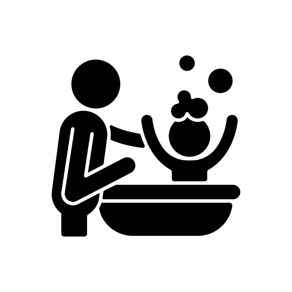 Bathing child black glyph icon. Providing safe and secure feelings. Bathing routine before bedtime. Skin-to-skin contact. Silhouette symbol on white space. Vector isolated illustration