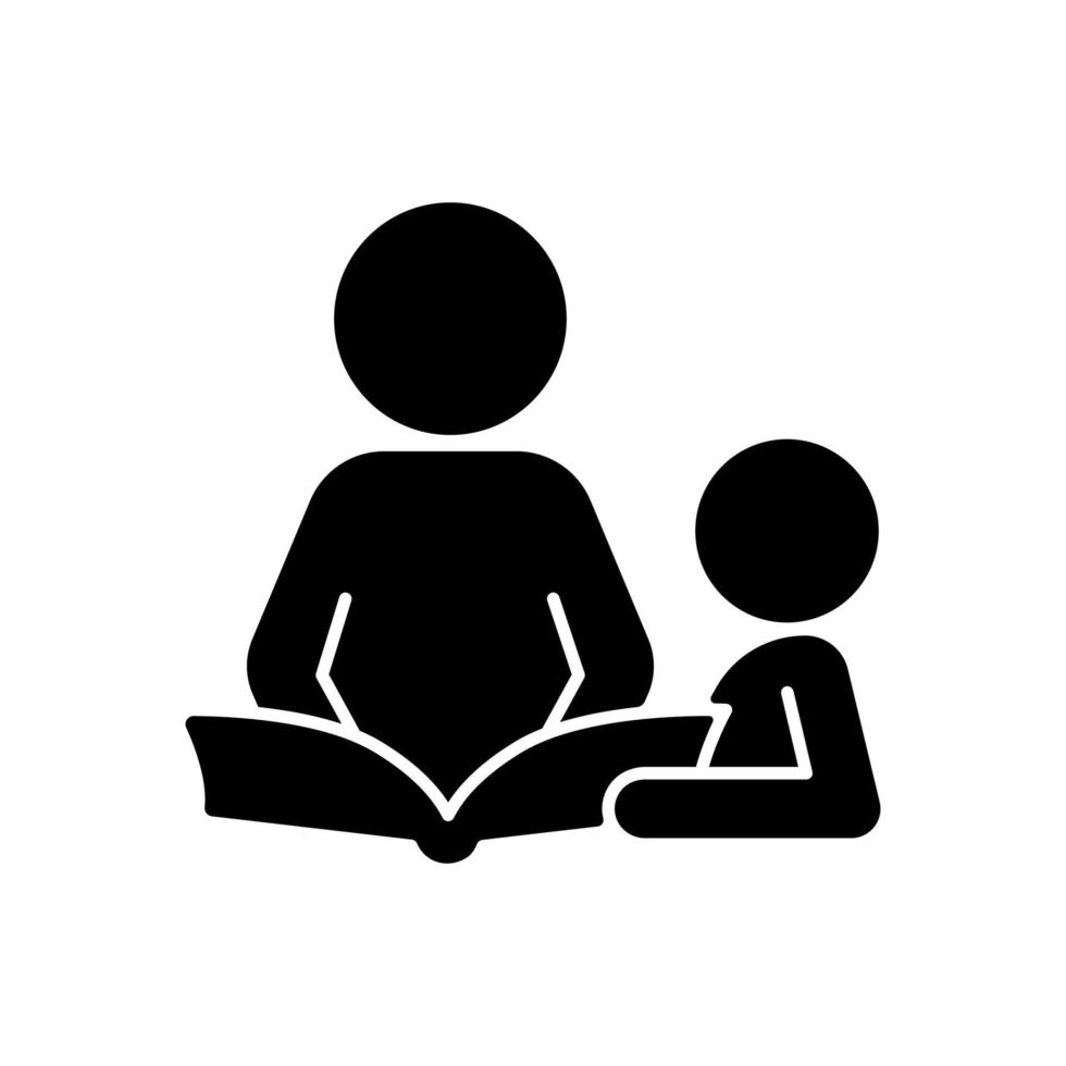 Reading book with child black glyph icon. Spending time together. Cognitive development. Storytelling with kid. Develop imagination. Silhouette symbol on white space. Vector isolated illustration