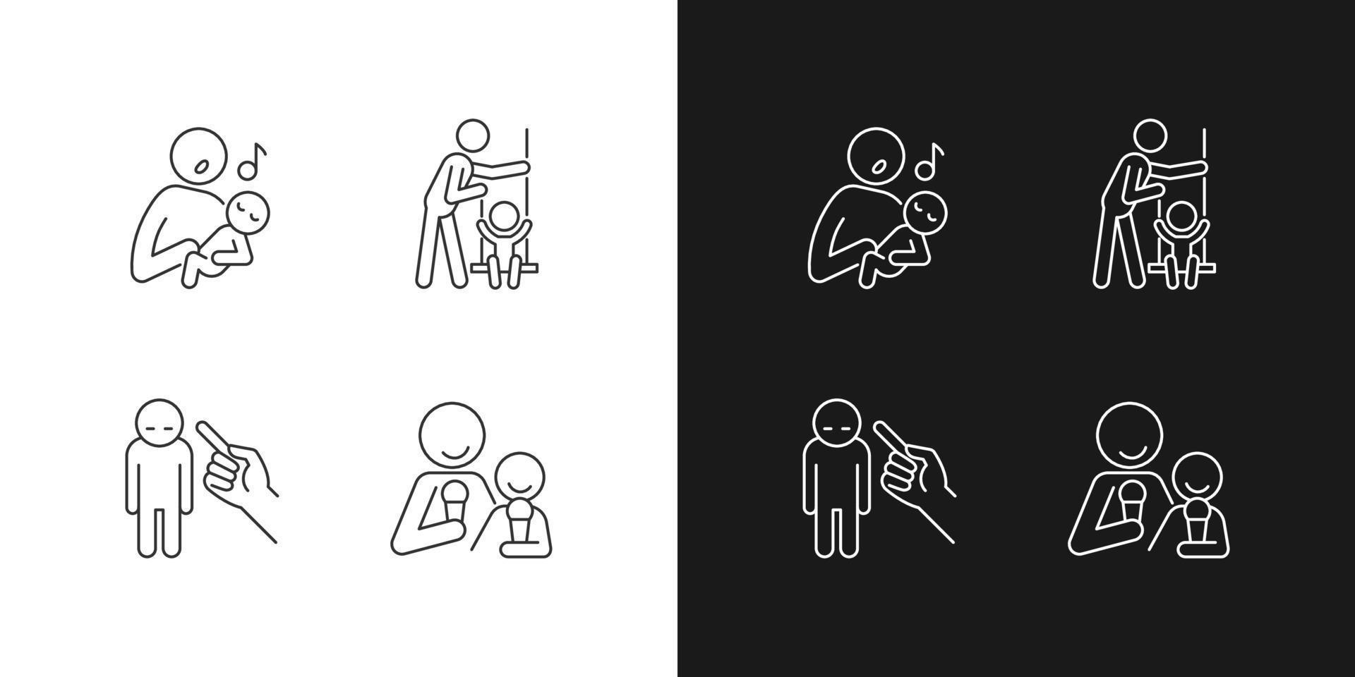 Child care linear icons set for dark and light mode. Singing to baby. Playing on swings. Punishment gesture. Customizable thin line symbols. Isolated vector outline illustrations. Editable stroke
