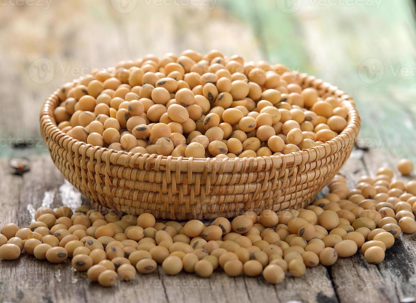 Soy beans in a basket on wooden photo