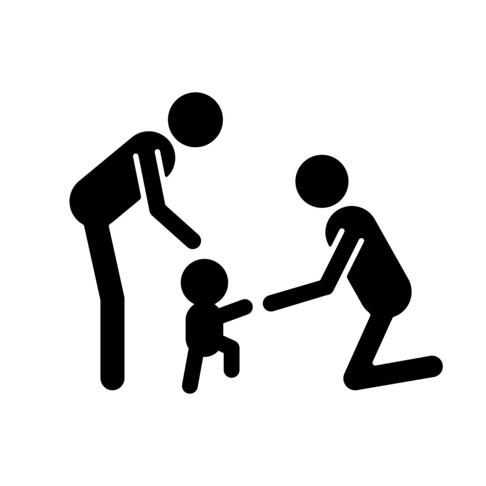Teaching toddler to walk black glyph icon. Baby first steps. Parental actively encouragement. Child motor development. Bonding activity. Silhouette symbol on white space. Vector isolated illustration