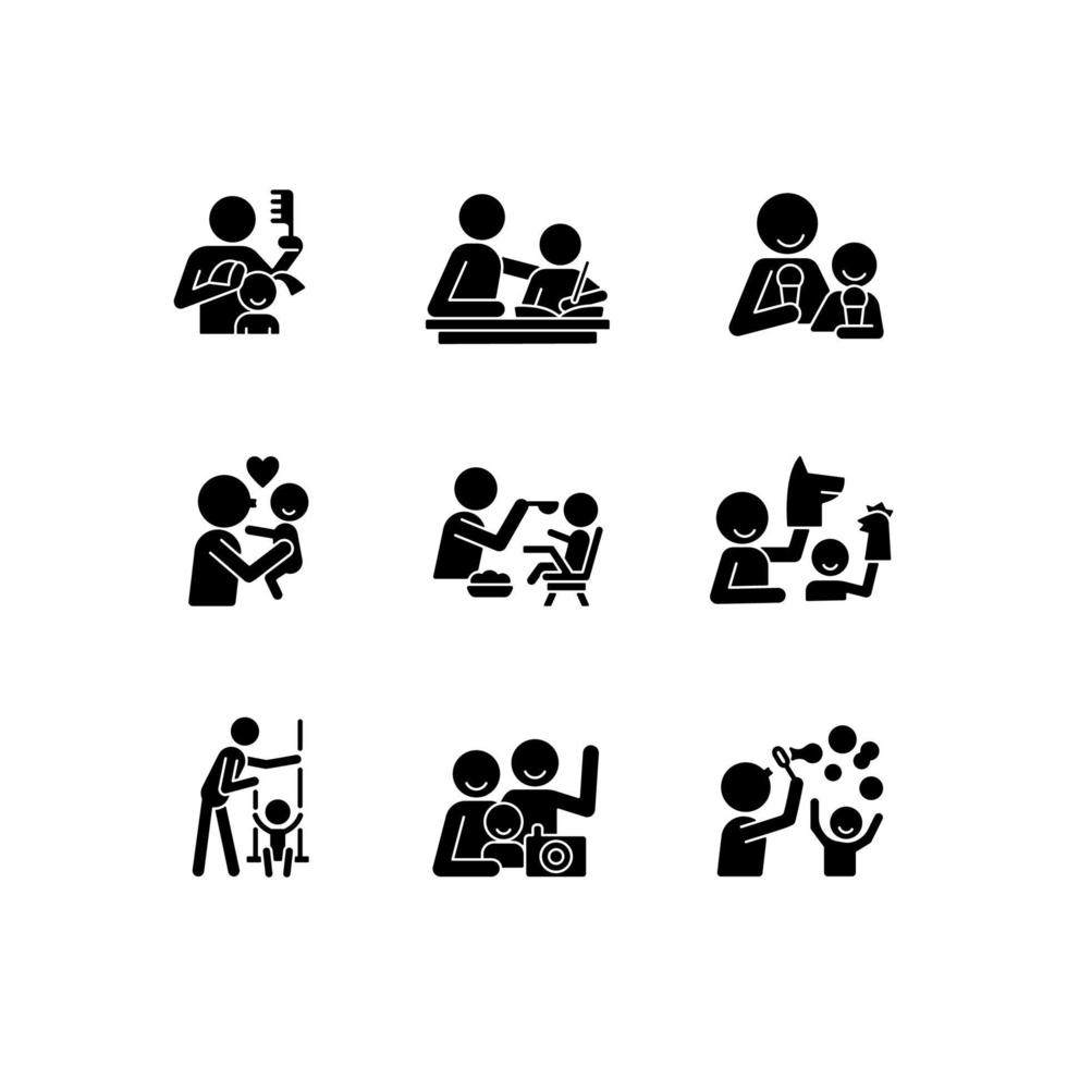 Bonding activity black glyph icons set on white space. Braiding pigtails. Help with homework. Kissing child. Family photo. Blow bubbles. Puppetry. Silhouette symbols. Vector isolated illustration