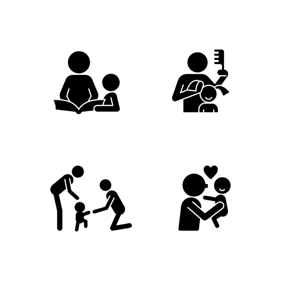 Family bonding time black glyph icons set on white space. Storytelling with kid. Brushing child hair. Baby first steps. Express parental love. Silhouette symbols. Vector isolated illustration