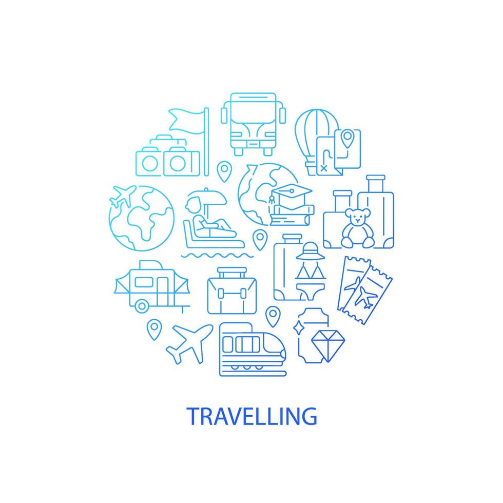 Travel abstract gradient linear concept layout with headline. World cruise. Journey for recreation. Tourism minimalistic idea. Thin line graphic drawings. Isolated vector contour icons for background