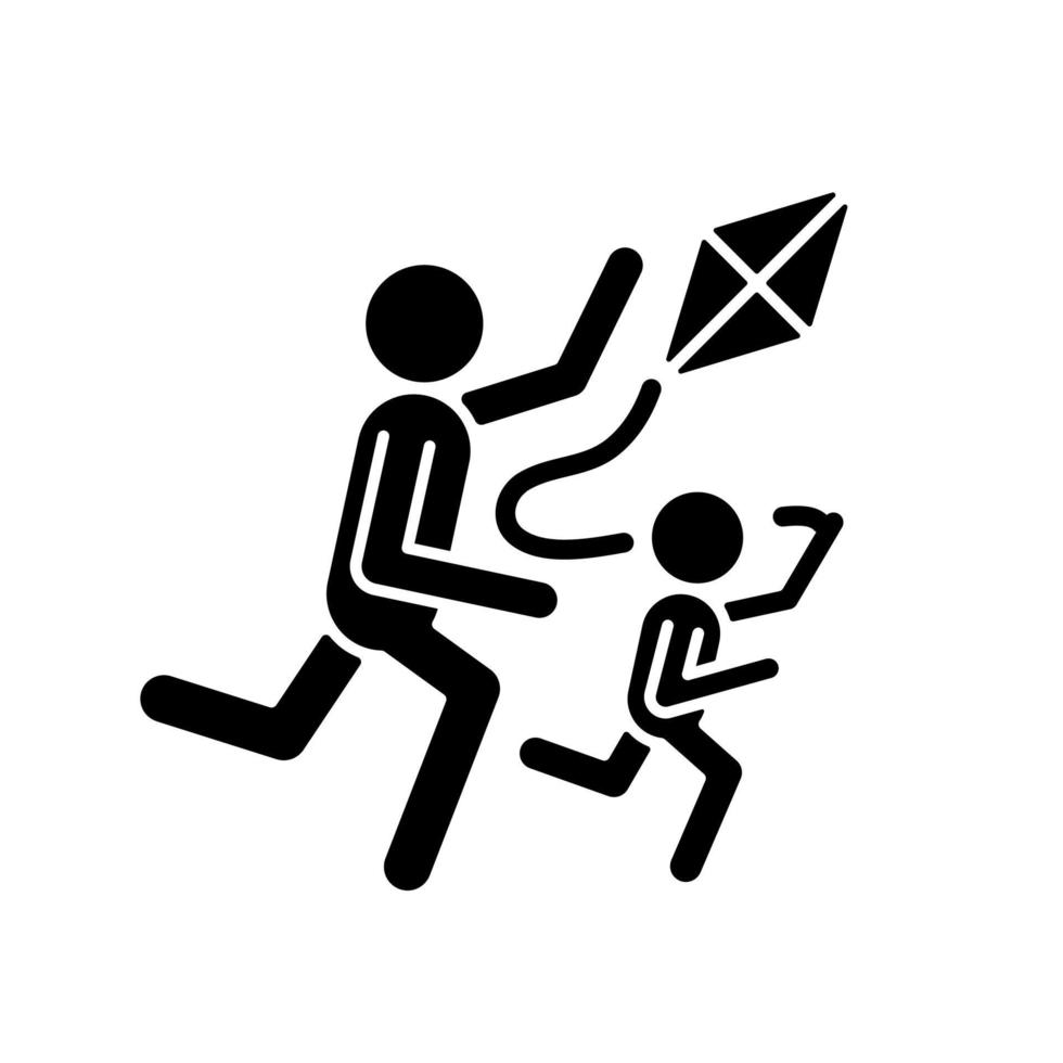 Flying kite black glyph icon. Playing with child outdoors. Family bonding opportunity. Develop coordination. Running with kite. Silhouette symbol on white space. Vector isolated illustration