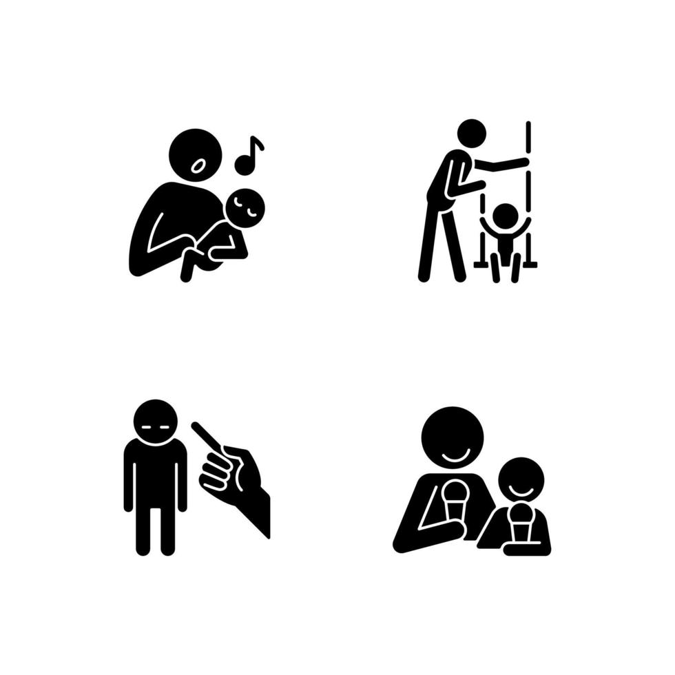 Child care black glyph icons set on white space. Singing to baby. Playing on swings. Punishment gesture. Eating ice cream together. Emotional bond. Silhouette symbols. Vector isolated illustration