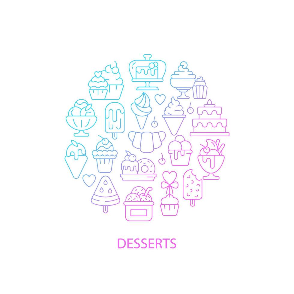 Assorted desserts abstract gradient linear concept layout with headline. Sweets collection minimalistic idea. Thin line graphic drawings. Isolated vector contour icons for background