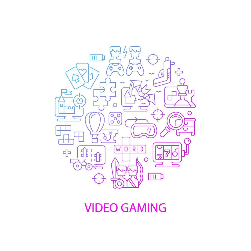 Video game abstract gradient linear concept layout with headline. Gamers and players fun. Playing console minimalistic idea. Thin line graphic drawings. Isolated vector contour icons for background