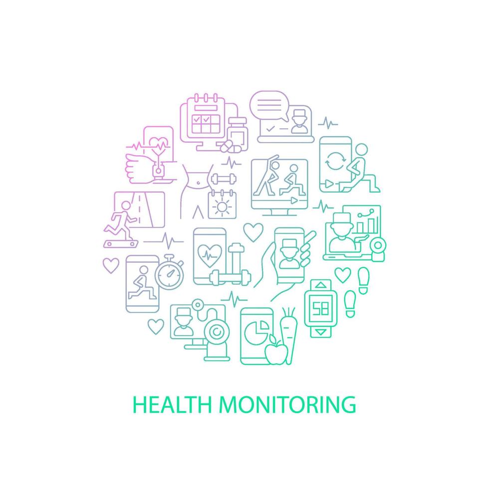 Health monitoring abstract gradient linear concept layout with headline. Medical data. Fitness tracker minimalistic idea. Thin line graphic drawings. Isolated vector contour icons for background