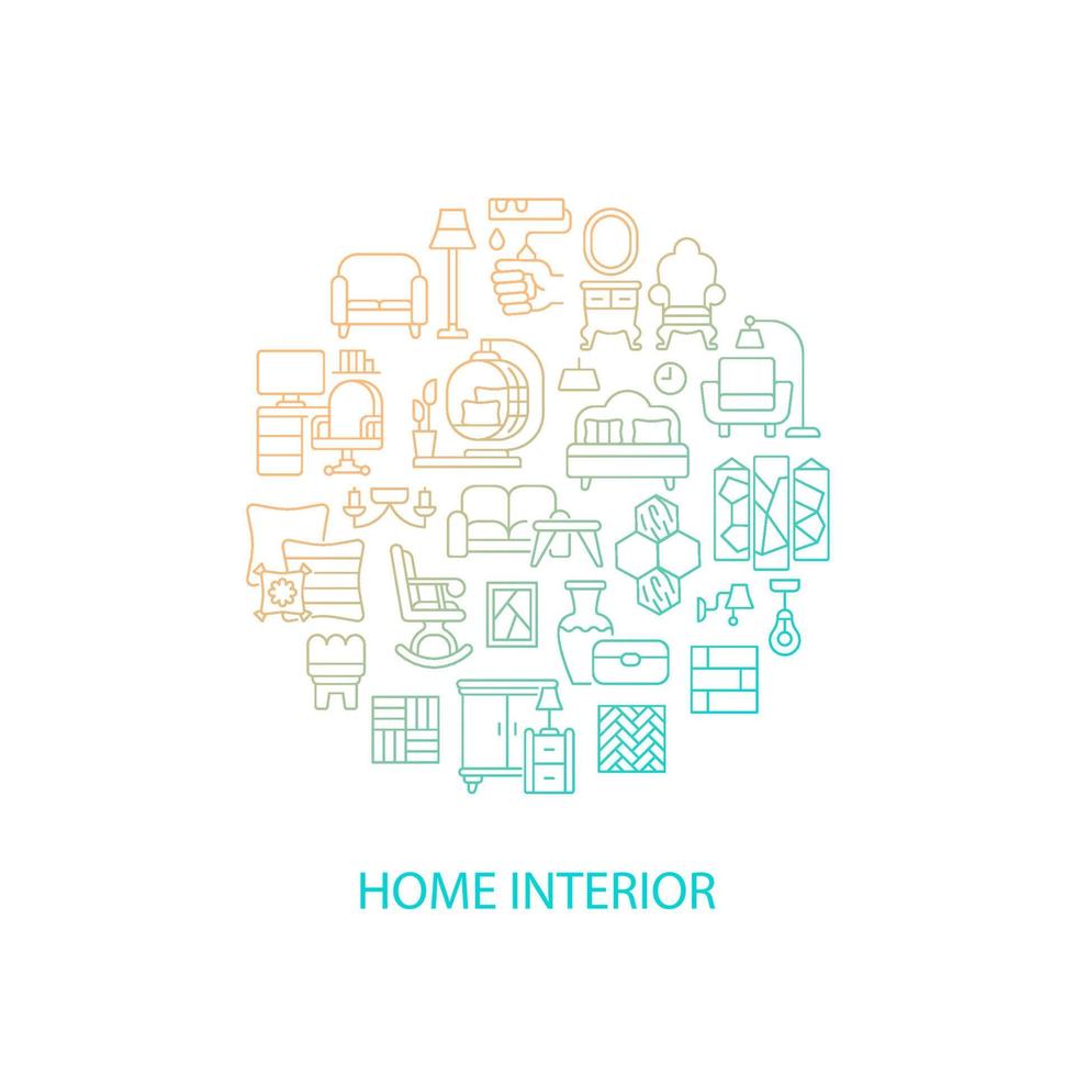 Home interior abstract gradient linear concept layout with headline. Furniture and house decor minimalistic idea. Thin line graphic drawings. Isolated vector contour icons for background