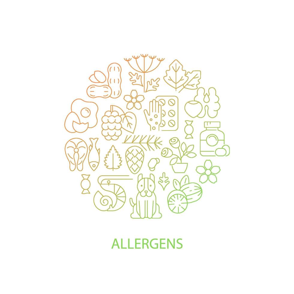 Common allergens abstract gradient linear concept layout with headline. Allergy reaction reasons minimalistic idea. Thin line graphic drawings. Isolated vector contour icons for background