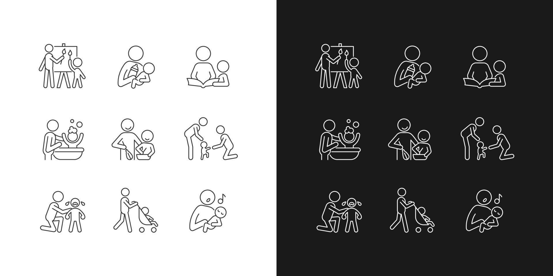 Responsible parenthood linear icons set for dark and light mode. Art therapy. Bottle feeding. Reading book. Customizable thin line symbols. Isolated vector outline illustrations. Editable stroke