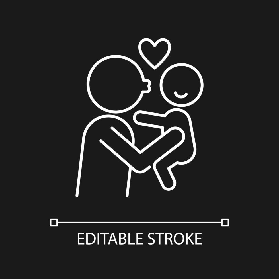 Kissing child on cheek white linear icon for dark theme. Showing affection. Emotional bond. Thin line customizable illustration. Isolated vector contour symbol for night mode. Editable stroke