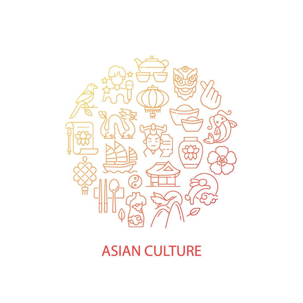 Diseño de concepto lineal degradado abstracto de cultura asiática con título. tradiciones orientales. símbolos de Japón. idea minimalista de asia. dibujos gráficos de líneas finas. iconos de contorno vectorial aislado para el fondo vector