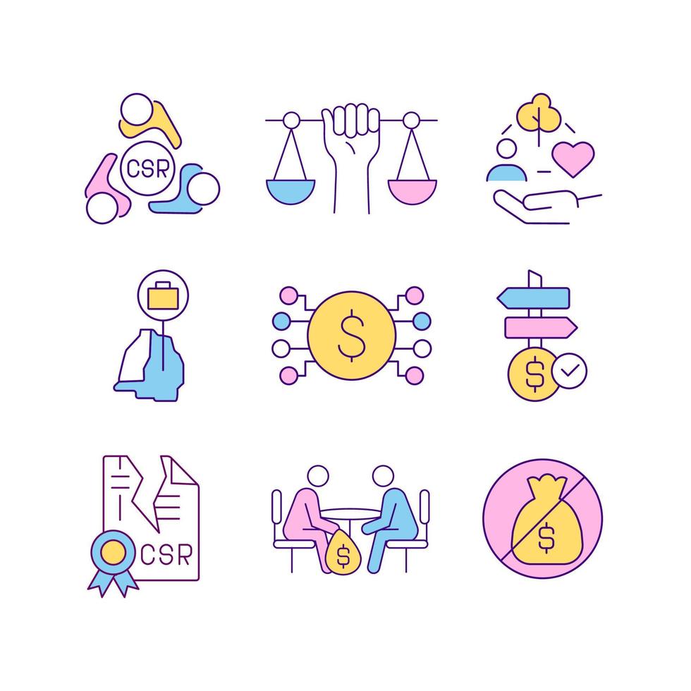 Corporate social responsibility related RGB color icons set. CSR violation and punishment. Corruption and bribery. Isolated vector illustrations. Simple filled line drawings collection