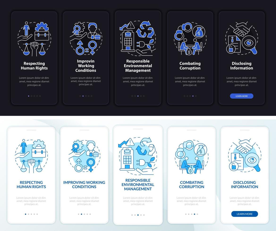 CSR issues day, night onboarding mobile app page screen. Walkthrough 5 steps graphic instructions with concepts. UI, UX, GUI vector template with linear night and day mode illustrations