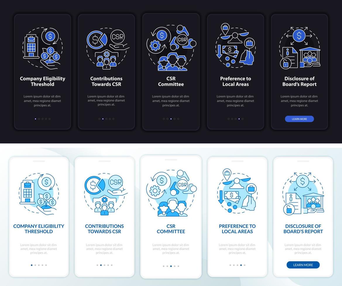 CSR basics dark and light onboarding mobile app page screen. Walkthrough 5 steps graphic instructions with concepts. UI, UX, GUI vector template with linear night and day mode illustrations