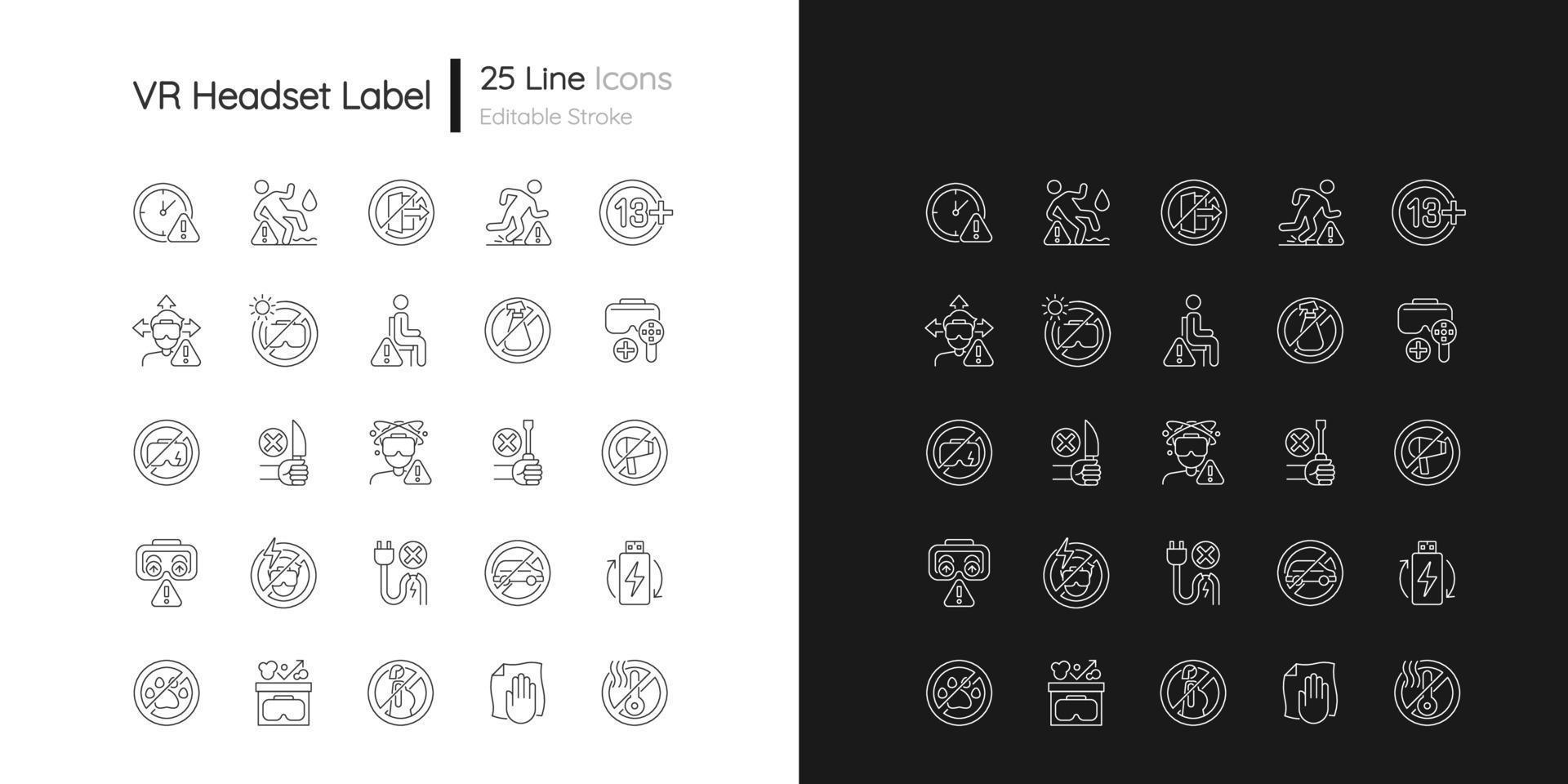 VR headset linear manual label icons set for dark and light mode. Customizable thin line symbols. Isolated vector outline illustrations for product use instructions. Editable stroke