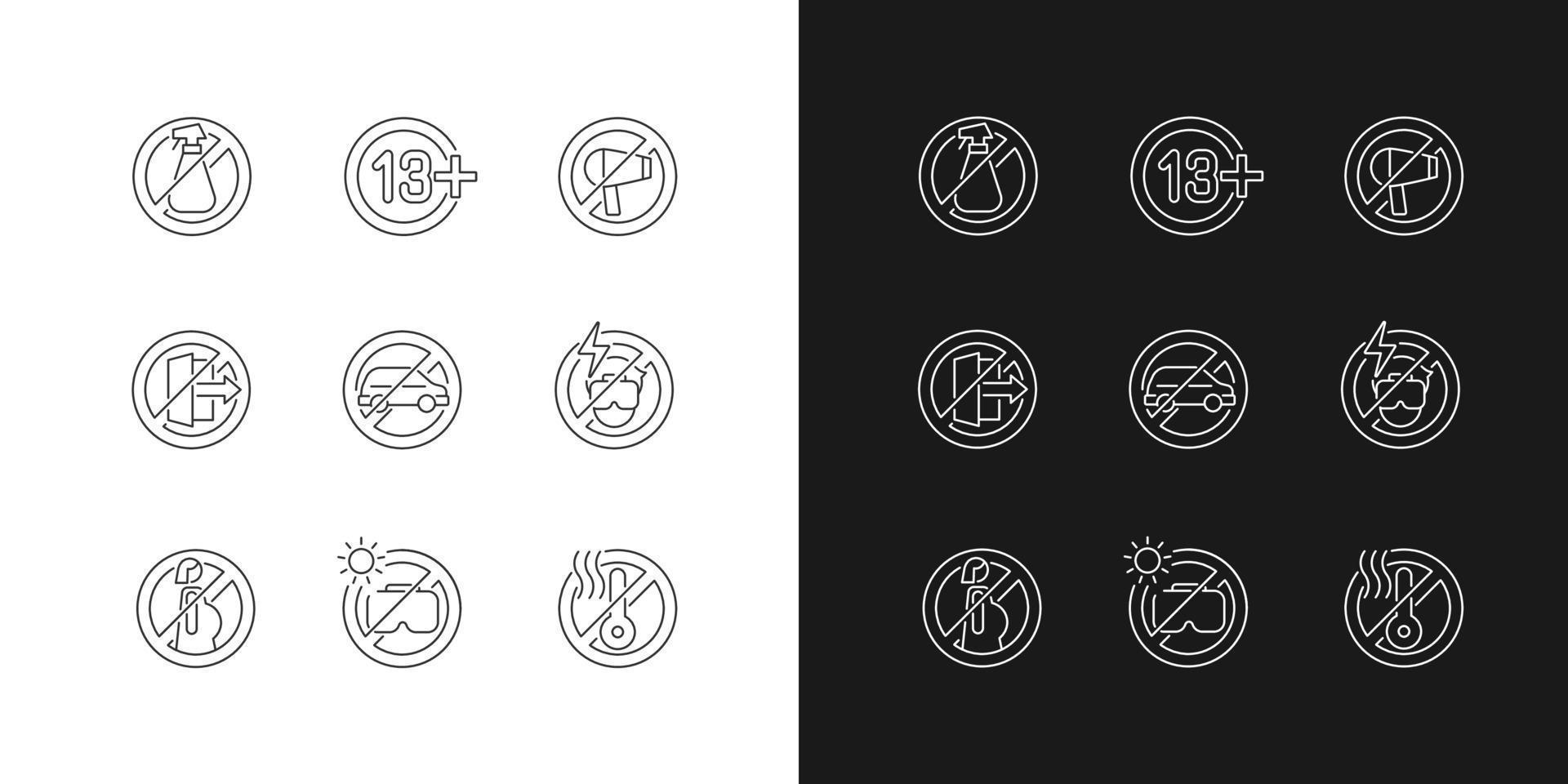 VR glasses usage linear manual label icons set for dark and light mode. Customizable thin line symbols. Isolated vector outline illustrations for product use instructions. Editable stroke