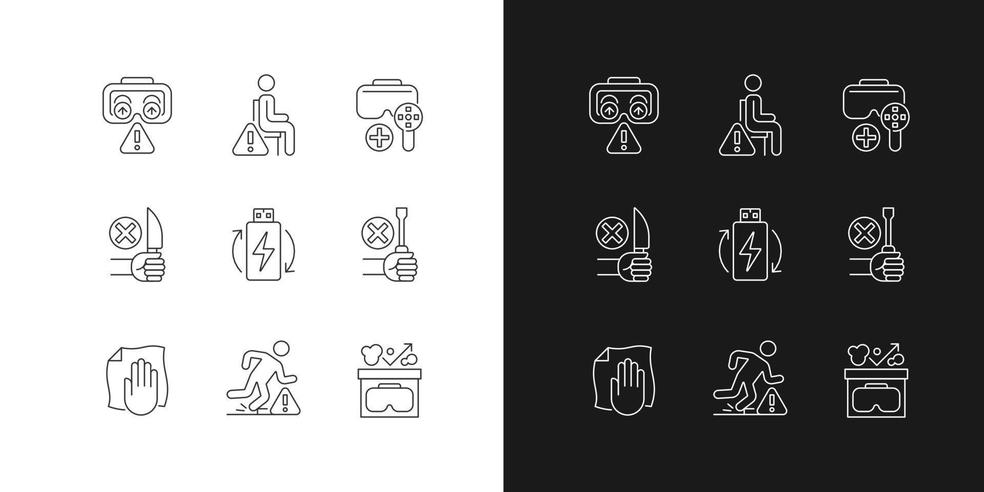 VR glasses instructions linear manual label icons set for dark and light mode. Customizable thin line symbols. Isolated vector outline illustrations for product use instructions. Editable stroke