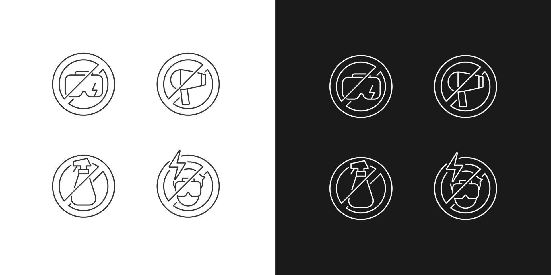 VR headset care linear manual label icons set for dark and light mode. Customizable thin line symbols. Isolated vector outline illustrations for product use instructions. Editable stroke
