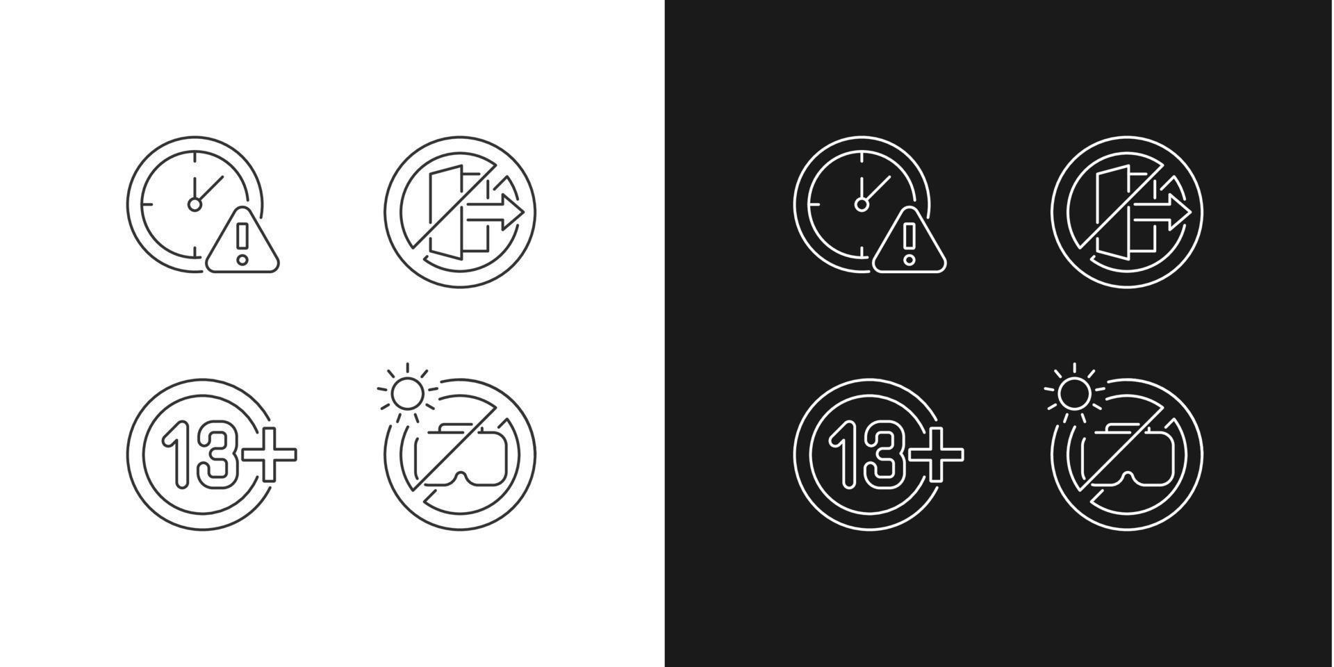 VR headset usage linear manual label icons set for dark and light mode. Customizable thin line symbols. Isolated vector outline illustrations for product use instructions. Editable stroke