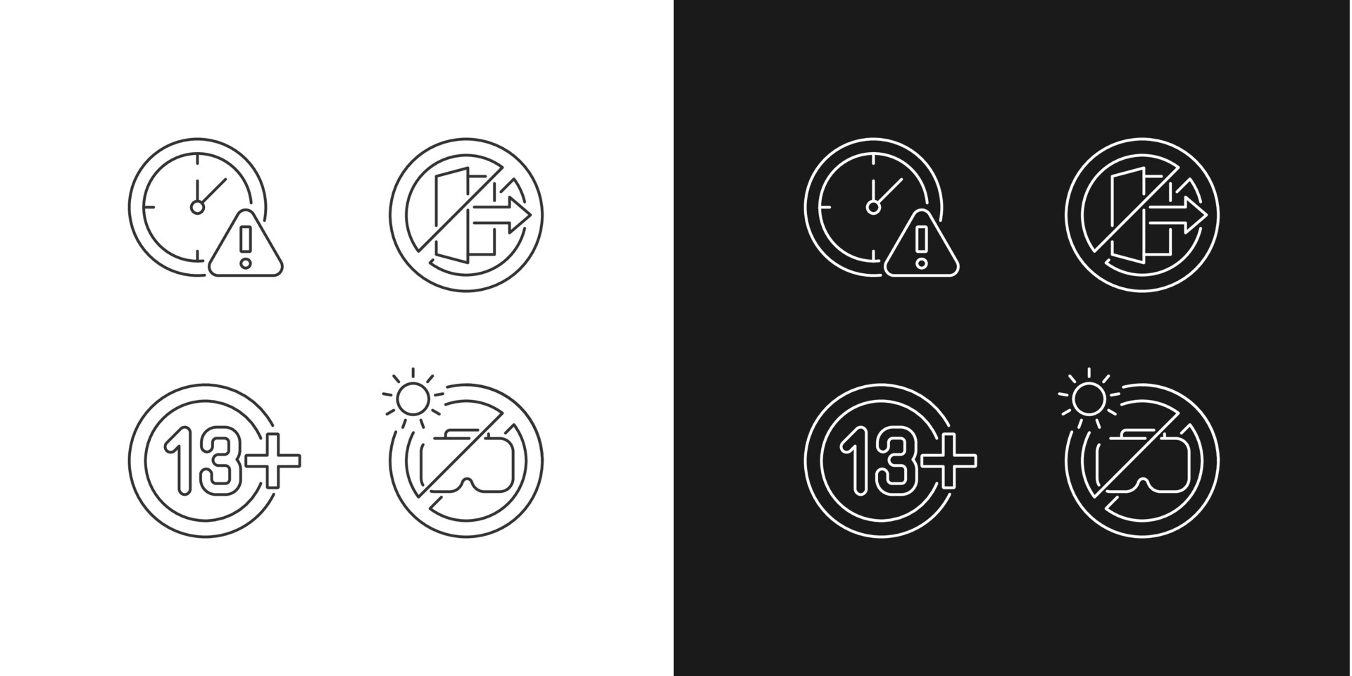 VR headset usage linear manual label icons set for dark and light mode