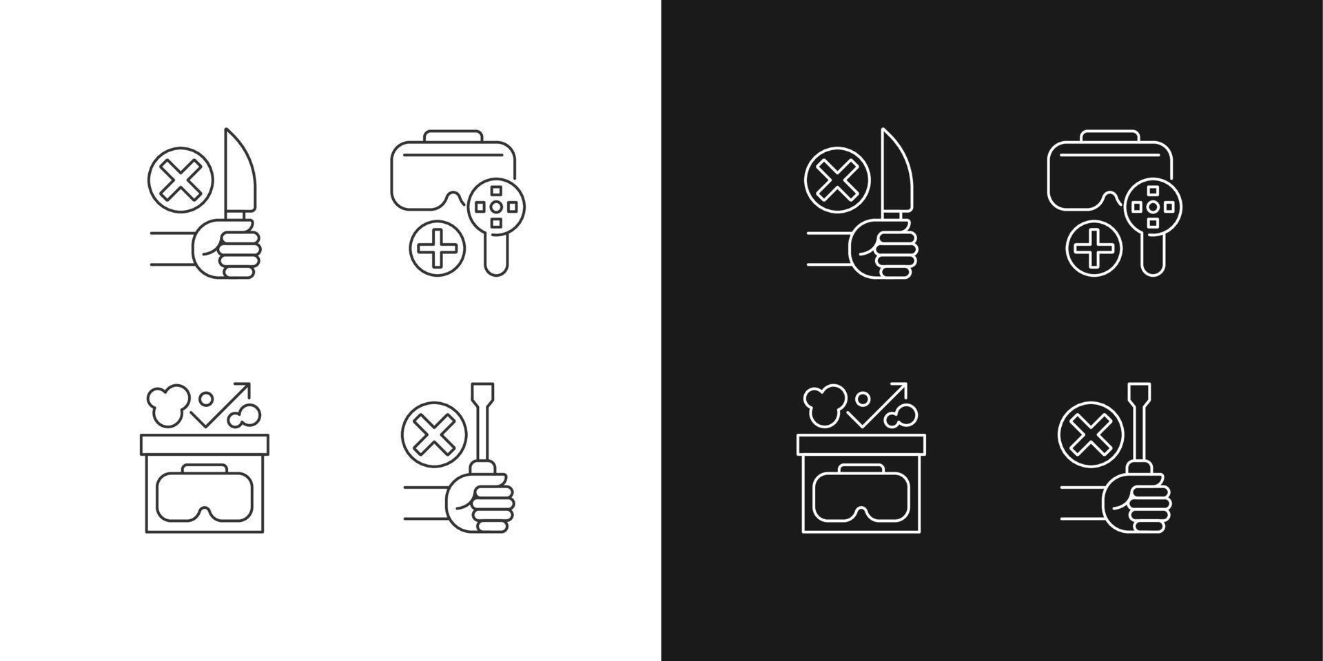 VR helmet usage guide linear manual label icons set for dark and light mode. Customizable thin line symbols. Isolated vector outline illustrations for product use instructions. Editable stroke