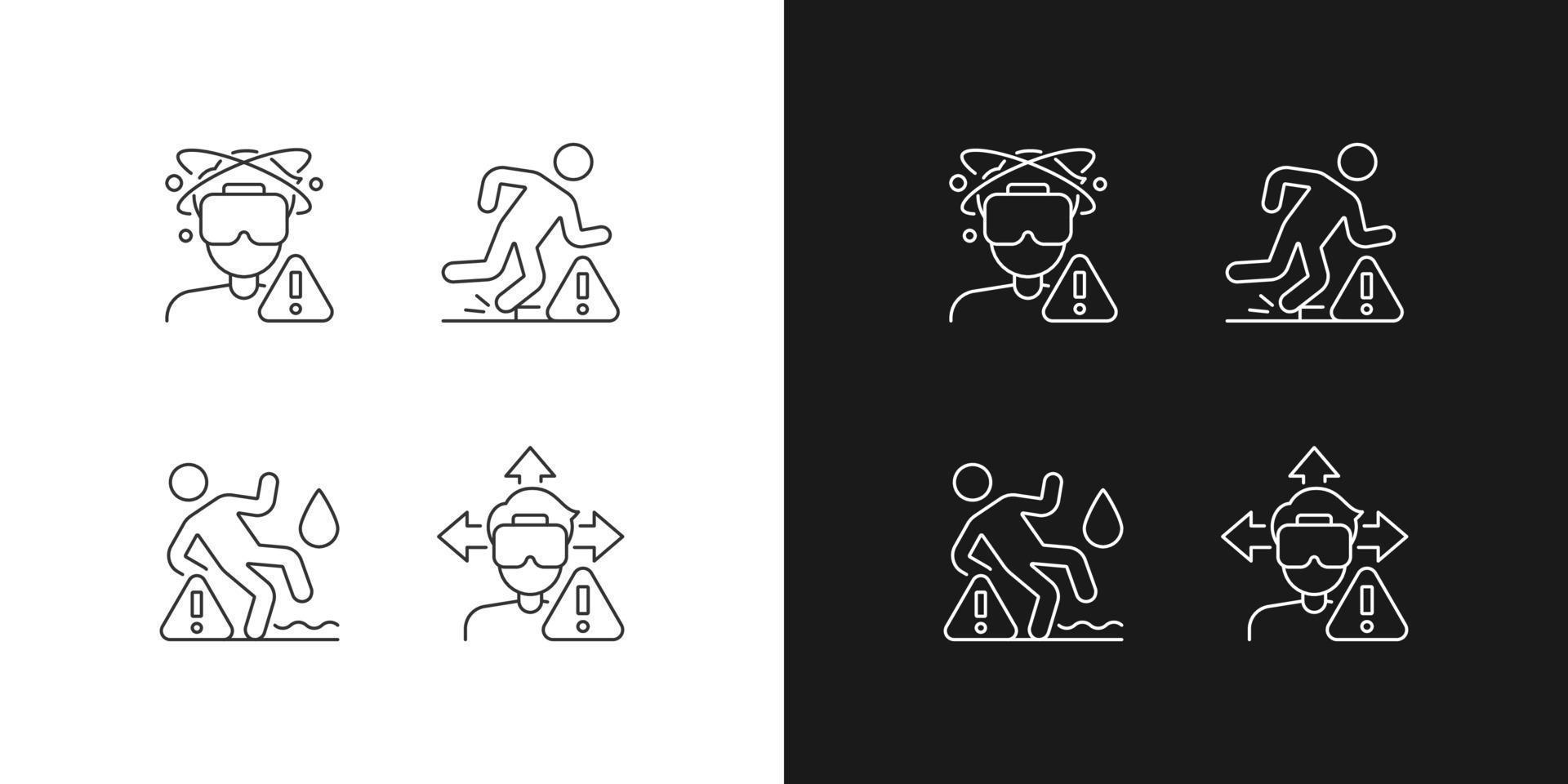 VR headset warning linear manual label icons set for dark and light mode. Customizable thin line symbols. Isolated vector outline illustrations for product use instructions. Editable stroke